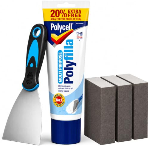 Polycell Polyfilla Ready Mixed Tube 396g All Purpose Filler Interior Exterior Plaster Wood Stone Cracks Holes Smooth Paste For Walls With Muelo Metal Wall Scraper Tool 3 & 3 Mixed Grit Sanding Blocks