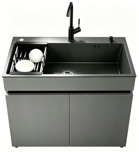 Lavandino da Esterno con Mobiletto in Alluminio 80cm– Lavello Autoportante in Acciaio Inox Nero, Mobile Lavatoio con Rubinetto Acqua Calda e Fredda per Garage, Terrazzo e Campeggio