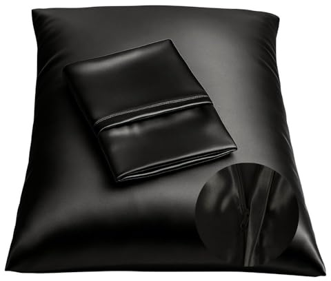 BLISSFORD Black Satin Pillowcase with Zipper for Hair and Skin Care, Feels Soft and Cool Like a Silk Pillowcase, Satin Pillow Cases 2 Pack, Slik Pillow Cover, Queen Size - 20x30