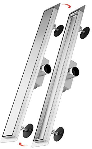 Caniveau de douche double face 140 cm, siphon de sol plat avec système anti-odeurs et tamis à cheveux, caniveau d'écoulement 2 en 1 en acier inoxydable avec fixation au sol