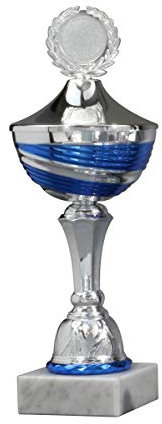 Henecka Pokal Serie Nikita, Silber-blau, mit Wunschgravur und auswählbarem Sport-Emblem, Größe 29,7 cm