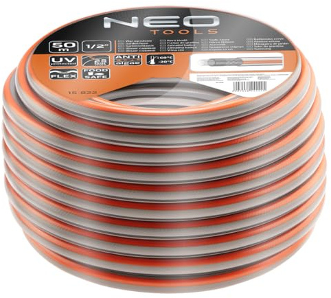 NEO TOOLS Gartenschlauch 1/2 Zoll, 50 m Länge, 4-lagiger - UV-beständig, Flexibel Schlauch, Food Safe – Trinkwasserschlauch - Wasserschlauch aus Erst-PVC mit Anti-Algen-Innenausstattung - Optima Serie