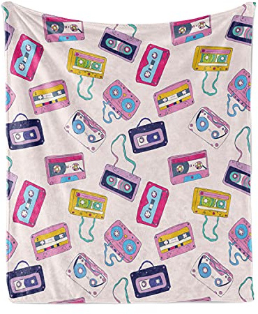 Lunarable 90s Throw Blanket, Pattern of Cassette Tapes Group Entertainment Audio Playing Disco DJ Old Record, Flannel Fleece Accent Piece Soft Couch Cover for Adults, 60 x 80, Multicolor