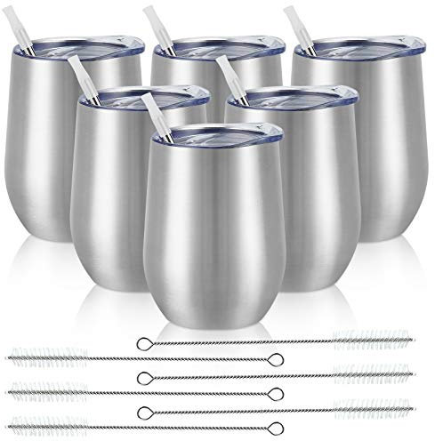 Weingläser aus Edelstahl, 340 ml, doppelwandig, isoliert, Weinglas, Weinbecher ohne Stiel aus Edelstahl mit Deckel, für Kaffee, Wein, Cocktails, Champaign, Silber, 6 Stück
