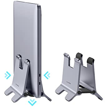 Hagibis Vertical Laptop Stand Desktop for Desk Gravity Locking Holder Dock Save Space Improves Airflow for MacBook Pro, Mac mini, Surface, HP, Dell, Chrome Book (Grey Alloy)