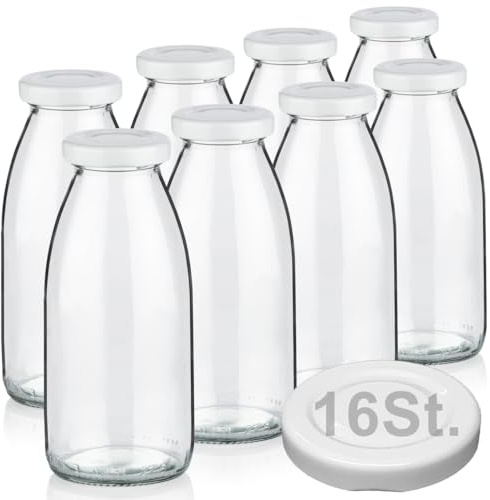 Geniess-Bar! 8 Milchflaschen 250ml mit 16 Deckel BPA frei Saftflaschen Glasflaschen 0,25L auch erhältlich mit 2/5/15 Flaschen Weithalsflaschen leer zum Befüllen Schraubdeckel