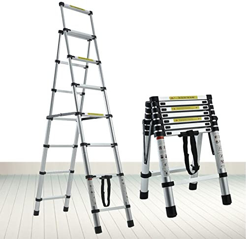 6+7 Steps Telescoping Ladder Adjustable and Folding Ladder 6.5FT Telescopic Extension Multi-Purpose Ladder with Handrails Safety Lock 330lb Max Load Easy to Transport and Storage EN131 Safe Standard