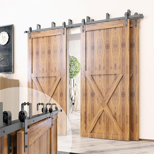 Homacer Black Rustic Double Track U-Shape Bypass Sliding Barn Door Hardware Kit, for Three Doors, 10ft Long Flat Track, Classic Design Roller （Doors Not Included）