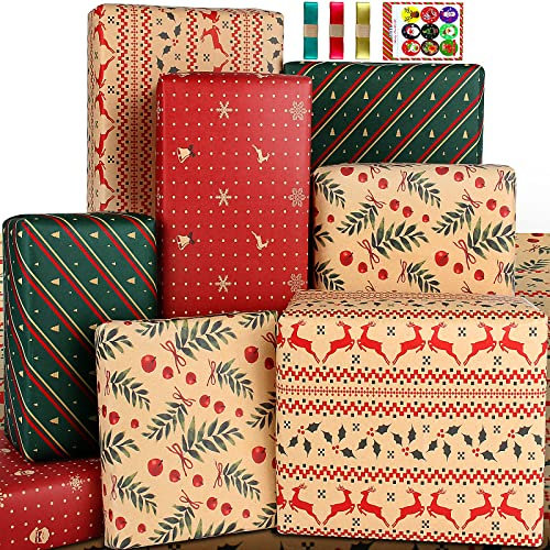 Geschenkpapier Weihnachten Set,Weihnachtspapier Weihnachtsgeschenkpapier Set,Packpapier Weihnachten Geschenkpapier Kraftpapier zum Frauen Männer Mädchen Junge Weihnachtliches Geschenkpapier Grün Rot
