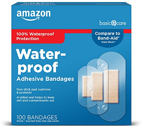 Amazon Basic Care Waterproof Clear Adhesive Bandages for Minor Cuts and Scrapes, Non-Stick Pad, First Aid and Wound Care Supplies, Assorted Sizes, 100 Count