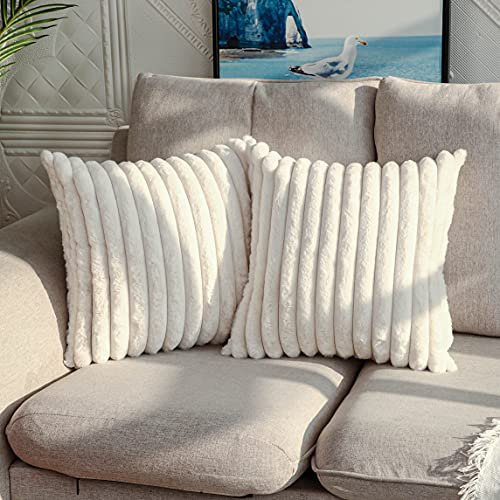 Joyouth Pack of 2,Double-Sided Faux Fur Plush Decorative Throw Pillow Covers Fuzzy Striped Soft Pillowcase Cushion Covers for Sofa Couch Bedroom White 18x18 inch