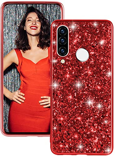 Huawei P30 Lite Handyhülle - Glitzer Bling Sparkle Stoßfest Anti-Kratzer Ganzkörper 360 Grad Schutzhülle Ultra Dünn Cover (Rot)