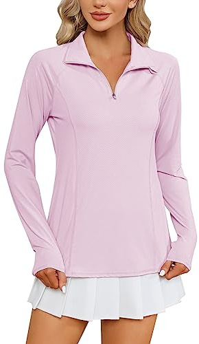 LOMON Womens Workout Tops Long Sleeve 1/4 Zip Uv Sun Protection Quick Dry Hiking Athletic Shirts Rash Guard Upf50+（Pink,XL）