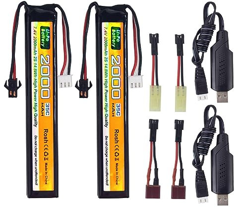 ZYGY 2PCS 7.4V 35C 2000mAh mit SM-2P Stecker, T Stecker, Xiaotiangong Stecker, Lithiumbatterie mit USB Ladekabel, passend für Spielzeuggewehre, ferngesteuerte Autos und Drohnen