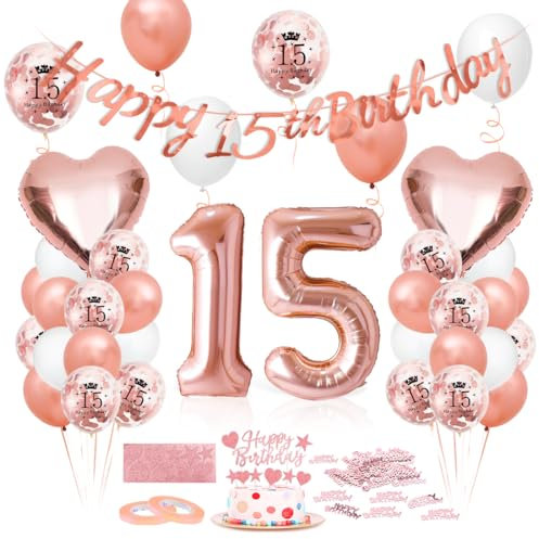 Luftballon 15. Geburtstag Roségold, Riesen Folienballon Zahl 15, Happy Birthday Folienballon 15, Ballon 15 Deko zum Geburtstag Frauen