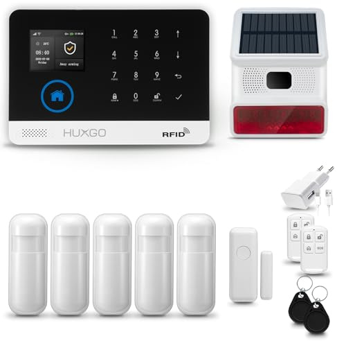 HUXGO® HXA003 Sistema di allarme casa senza fili con radio Sirena esterna solare WiFi + GSM 4G | Impianto allarme casa kit con 1x sensori di allarme per finestre/portes, 5x rilevatori di movimento