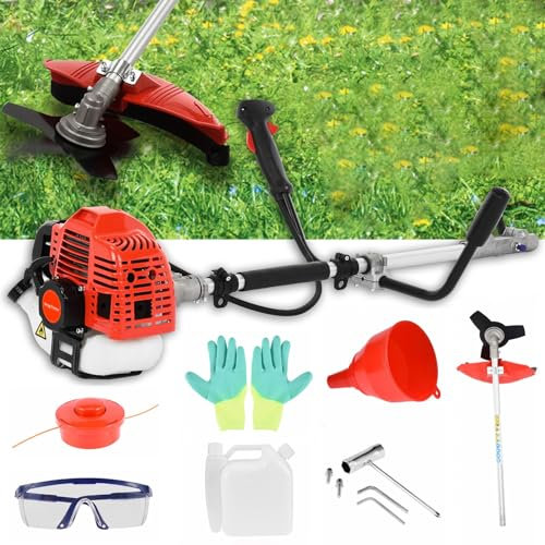 52cc 2-Takt Gas-Saitentrimmer, 2 in 1 Schaft String Rucksack Rasentrimmer mit Schutz Zubehör Unkrautfresser gasbetrieben Rot