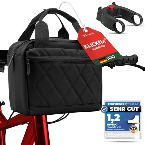 MIVELO Lenkertasche Fahrrad für KLICKfix inkl. Adapter - Fahrradtasche Lenker - wasserabweisend & geräumig - Lenkertasche - Tasche Lenker - E-Bike tauglich (Schwarz mit Adapter)