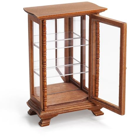Odoria Puppenhaus Vitrine Vintage Miniatur: 1/12 Maßstab Schrank Kuriositätenkabinett für Wohnzimmer Antik Retro - Mini Holz Möbel Braun mit Spiegel