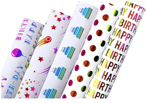 Aikeis 5 feuilles de papier cadeau d’anniversaire – designs colorés de papier cadeau d’anniversaire pour les fêtes, les jours fériés, les baby showers, adapté pour les garçons et les filles (50 cm x