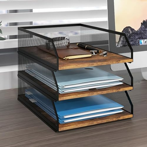 PUNCIA 3-Tier Stackable Paper Tray, Metal Mesh Desktop Organizer, Wood Board Paper Sorter, Letter Trays,File Document Storage Rack for for Home, Office, School (Retro)