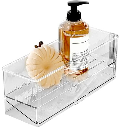 STORICANS Sink Caddy Sponge Holder for Kitchen Sink,Dish Sponge Organiser with Auto Draining Tray,Dishcloth Holder,Tidy Caddy Drainers,Kitchen Storage Rack for Soap,DishCloth,Brush,Scrubber (Clear)