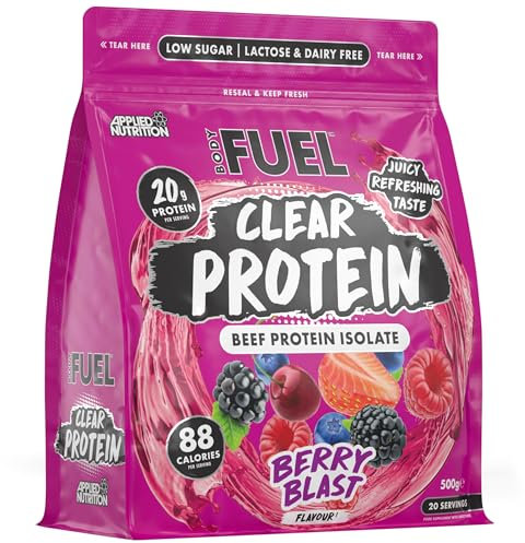 BodyFuel Clear Protein - Beef Protein Isolate - Clear & Refreshing - Best Low Sugar & Lactose-Free Protein Supplement - Muscle Support (500g - 20 Servings) (Berry Blast)