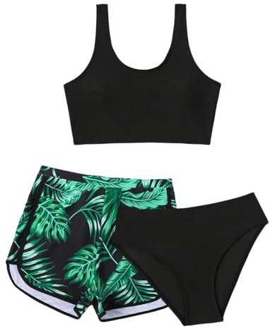 XINYUNZU Mädchen Bikini Set mit Badeshorts Hawaii Badeanzug 3-Teilig Bademode Schwimmanzug Swimsuit Girls Strand Badebekleidung Badeanzüge für Kinder Schwarz 160