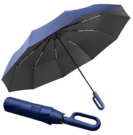 Regenschirm groß, 10 Rippen,Sturmfest –Automatisches Öffnen/Schließen, Golf Umbrella, Freien UV Schutz Faltender Sonnenschirm Taschenschirm UPF 50, Karabinergriff für Herren und Damen