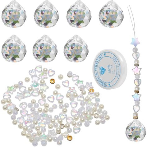 8Pcs Crystal Ball Prism 20mm, DIY Suncatcher with Beads with String, Hanging Crystal Sun Catcher for Windows, Christmas Tree, Home Decor