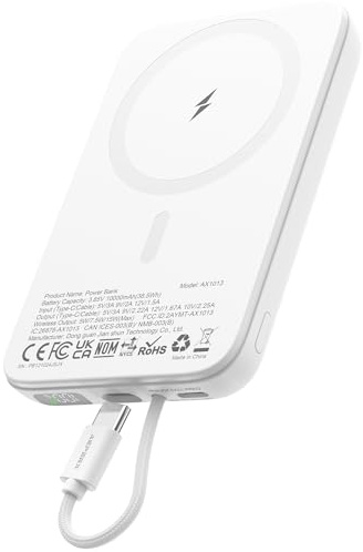 ASPERX Batterie Externe Magnétique avec Câble USB-C Intégré, 10000mAh 22.5W sans Fil Power Bank USB C in & Out, Charge Rapide pour iPhone 16/15/14/13/12 Series, iPad, Galaxy