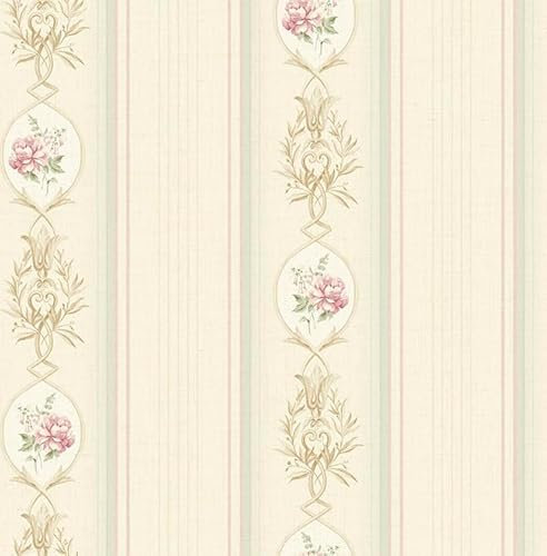 KT·EXCLUSIVE WALL FASHION Papiertapeten | Klassische Streifentapeten | 10,05x0,52 m | New Alresford (Creme-Türkis-Rosa)