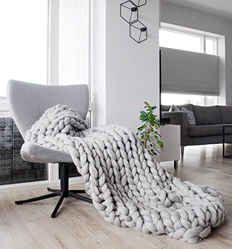 Grobstrick-Überwurfdecke, weicher, warmer Strickteppich für Couch, Heimdekoration, grob gestrickte Wolldecke für Bett, Stuhl, Sofa, Geschenkidee, Grau, 100 x 120 cm