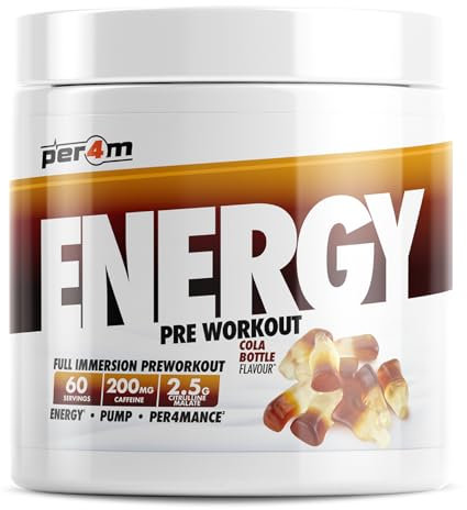 Per4m Energy Pre Workout with Amino Acids | Caffeine, Tyrosine, Citrulline & Theobromine | Endurance, Focus & Sustained Power | 60 Servings (390g, Cola Bottle)