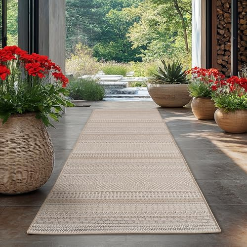 HomebyHome Outdoor Teppich Beige 80x250 cm Läufer Wetterfest UV-beständig Pflegeleicht Skandinavisches Boho Design für Küche Balkon Terrasse Wohnzimmer