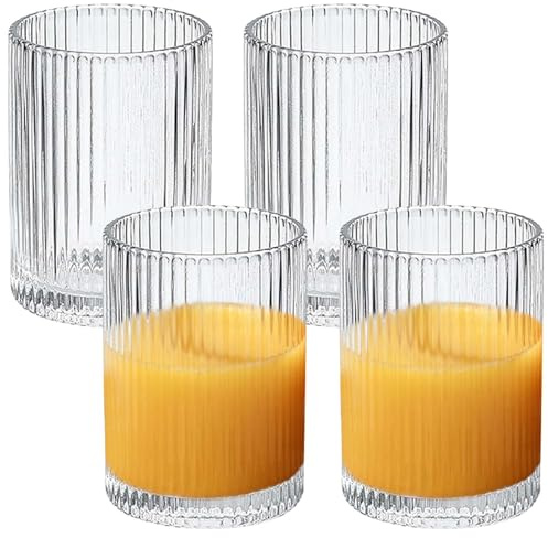 Lot de 4 verres cannelés de 250 ml, verres à cocktail et verres à boire, en cristal, passent au lave-vaisselle, verres striés pour café glacé, bière, eau, jus, mojito, pour la famille, les fêtes