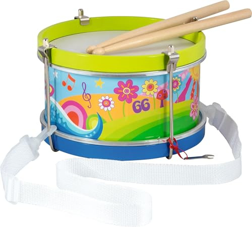 goki 61848 - Tamburo per Bambini dai 3 Anni in su, con Cinturino e Bastoncini di Legno, Strumento Musicale colorato della Serie goki66, 21,5 cm