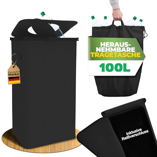 COTTARA® Pfandflaschen Sammelbehälter Metallrahmen mit Tragetasche, Reißverschluss und Drehdeckel am Pfandflaschen Behälter | Pfandbehälter Flaschensammler Leergut Sammelbehälter (Schwarz)