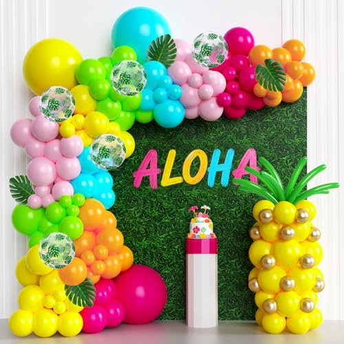 Kit de guirnalda de arco de globos tropicales, 161 piezas, decoraciones hawaianas Luau Aloha para fiestas de verano, rosa fuerte, naranja, amarillo, azul, verde, globos de piña, hojas de palma