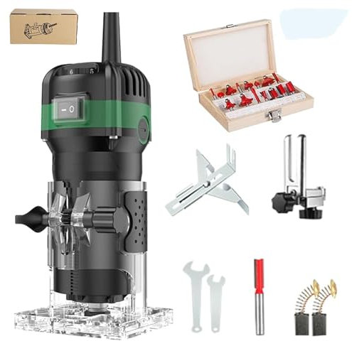 Palm Router Trimmer, Handheld Wood Compact Trim Router Power Routers Tool, 6 Speed Adjustment, 33000R/min 800W 220V with 15-Piece Milling Cutter Set, Trimming Grooving Machine Engraving Machine (A)