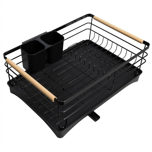 Navaris Scolapiatti da Appoggio per Lavello - Cestello Porta Piatti con Vaschetta Raccogligocce - Scola Piatti con Gocciolatoio per Lavandino - 43 x 32 x 16 cm - Nero