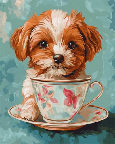 Taxpy DIY Paint by Numbers Kits（DIY Frame） 30x40cm Cartoon Dog and Teacup Paint by Numbers Set Coloring by Numbers Decorative Paintings for Adults Kids