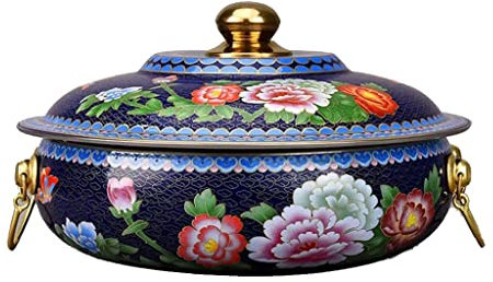 DFGHNBVC Scaldavivande in Rame Puro della Vecchia Pechino, Pentola per Induzione in Rame, Pentola Speciale A Gas, Pentola Piatta per Uso Domestico, Blu, 34 Cm