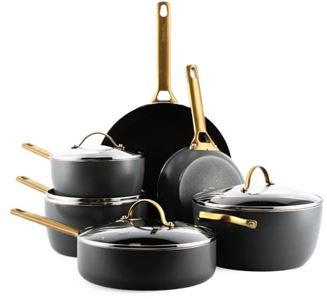 GreenPan Reserve Harteloxiertes Gesundes Keramische Antihaft-Kochgeschirr Set,10 Teile,Inklusive Bratpfannen Sautierpfanne und Kochtopf,Goldgriff,PFAS-frei,Induktion,Backofenfest,Schwarz