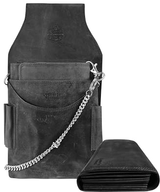 LEONARDO VERRELLI Kellner Geldbörse aus Nappaleder, Kellner Börse, Geldbeutel, Taxi, Service für Damen Herren Portemonnaie mit Holster, Steck Tasche, mit Kette und großem Münzfach (Dunkelgrau)
