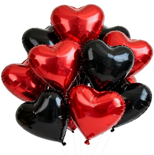 DecoGlee 30 x 45,7 cm große, rot-schwarze Herz-Luftballons zum Valentinstag, Herzform, Mylar-Ballons, Dekoration für romantischen Valentinstag, Hochzeit, Brautparty, Jahrestag, Verlobung, Partyzubehör