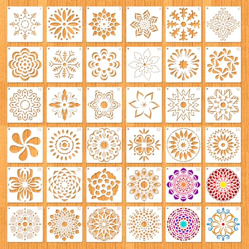 MWOOT 36 Stück Mandala Schablonen, Wiederverwendbare Malvorlagen Kits, Schablonen Wandgestaltung, Geeignet zum Bemalen von Steinen, Leinwand, Möbeln und Handwerksprojekten (10x10 CM)