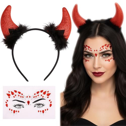 YyiFcg 2 Stück Teufelsohren, Teufel Kostüm Damen, Teufel Haarreif, Teufel Hörner, Set mit Rotem Haaraccessoire und Glitzersteinen, Ideal für Verkleidung und Partys