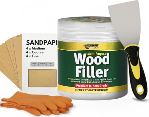 Wood Filler Repair Kit Bundled with White Wood Filler 250ml, Flexible Filling Knife, Sandpaper for Wood, Nitrile Gloves Large & Scraper Tool – Ready Mixed Filler for Interior & Exterior Wood Repairs