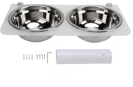 DIRBAK Wall Mounted Pet Feeder Set, Stainless Steel Bowls with Clear Acrylic Brackets, Adjustable Height Hanging Food and Water Dispenser for Dogs and Cats
